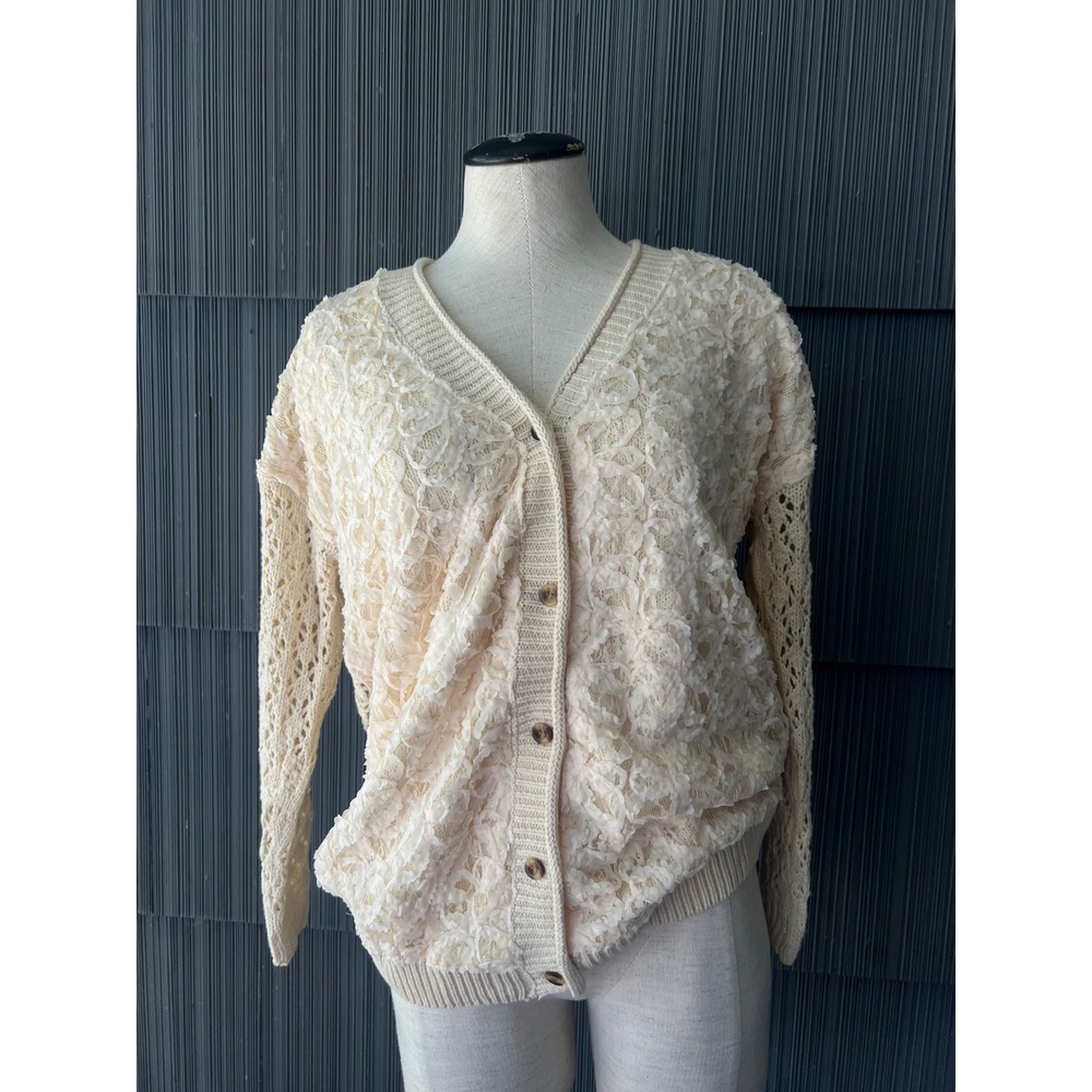 Cream Floral Lace Romantic BOHO Rosette Pointelle Knit Cardigan Sweater XL